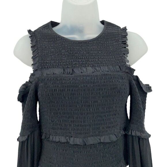 Cinq a Sept Pascal Top Women XS Black Silk Cold Shoulder Crop Stretchy Long - Picture 2 of 10